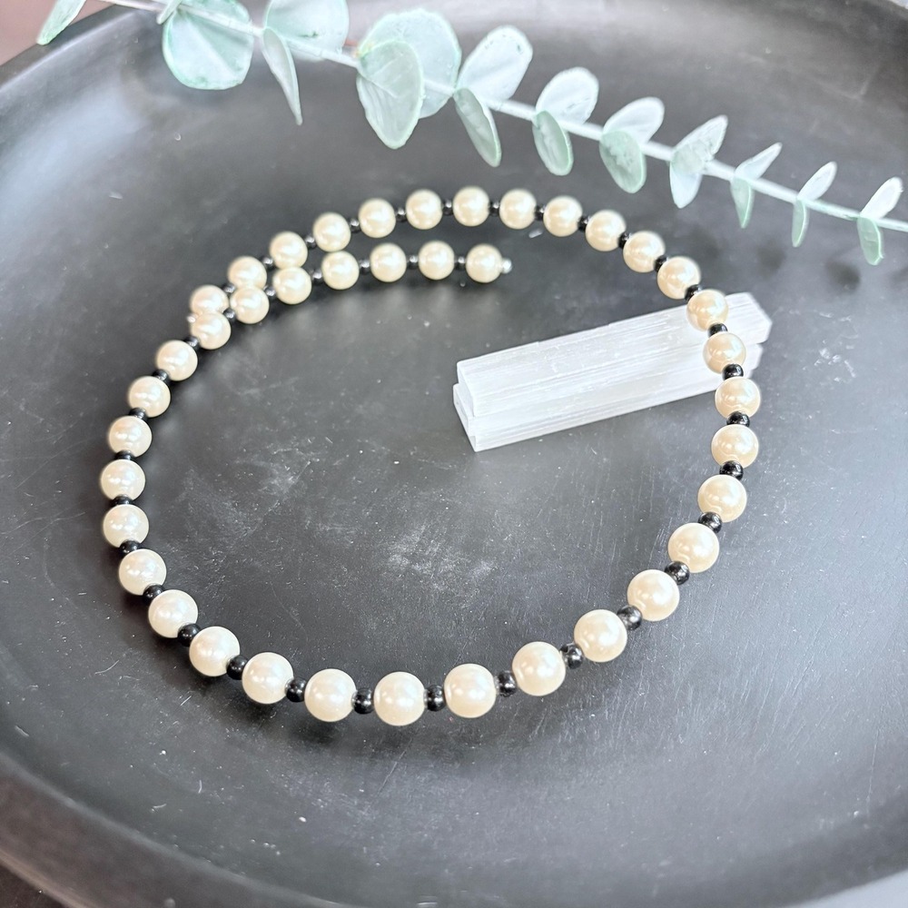 Faux Pearl‎ Necklace 18 In | Black Spacer Beads | Gothic Boho Minimal Layering